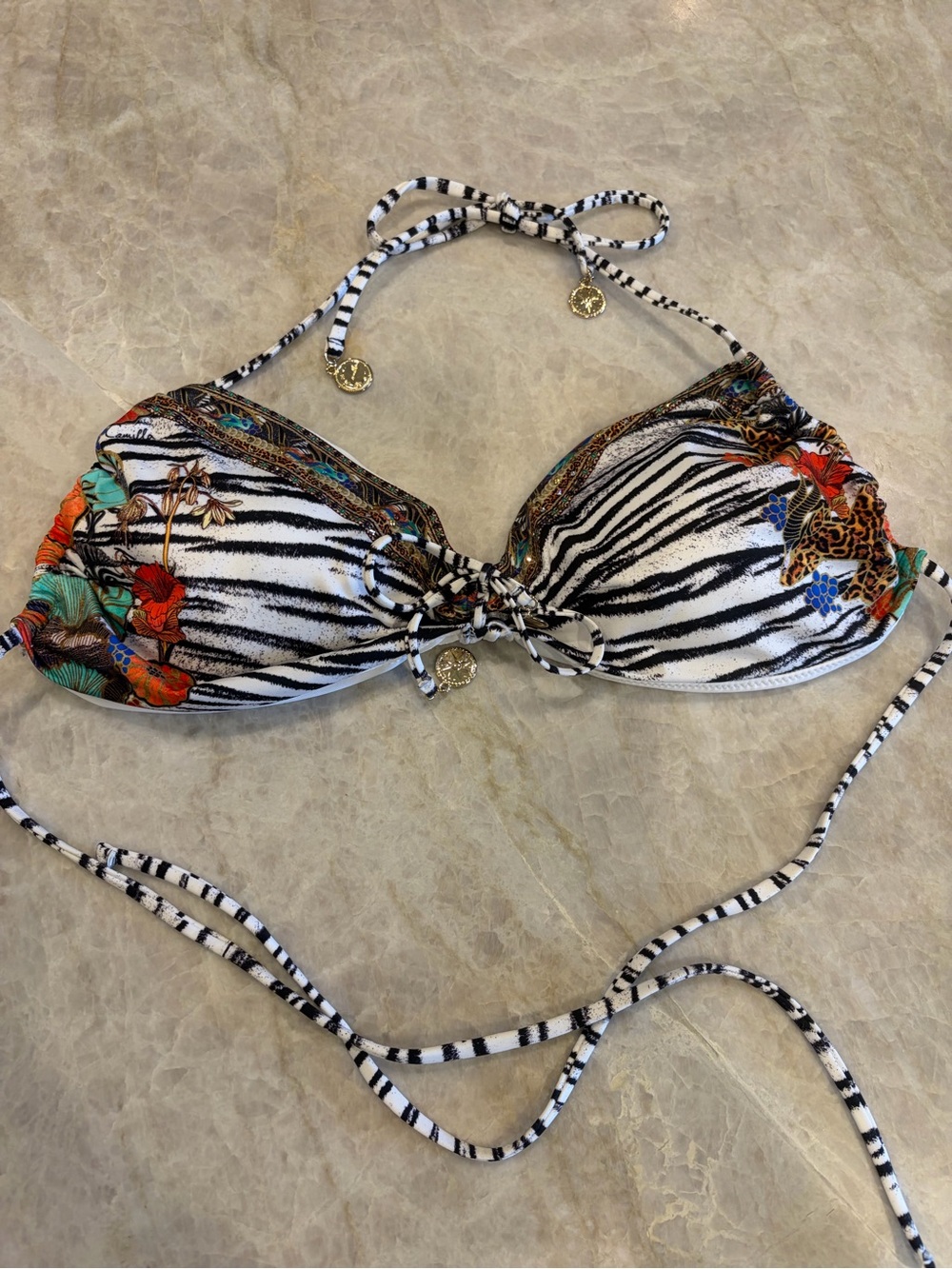 NWOT Camilla Women's Zebra & floral Swarovski detail Bikini Top - White/Black